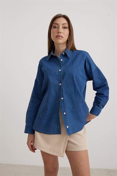 Düğme Detaylı Kadın Kot Gömlek KOYU MAVİ