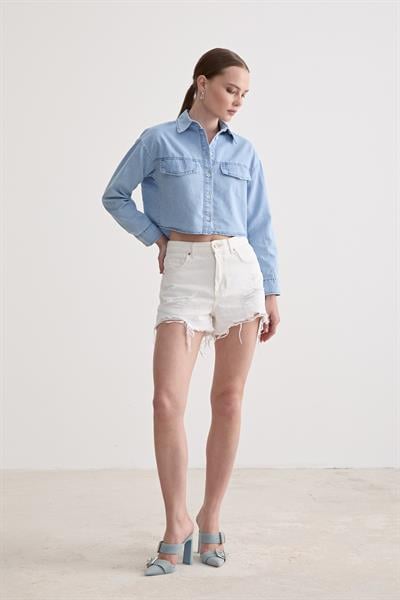 Düğme Detaylı Kot Gömlek BUZ MAVİ