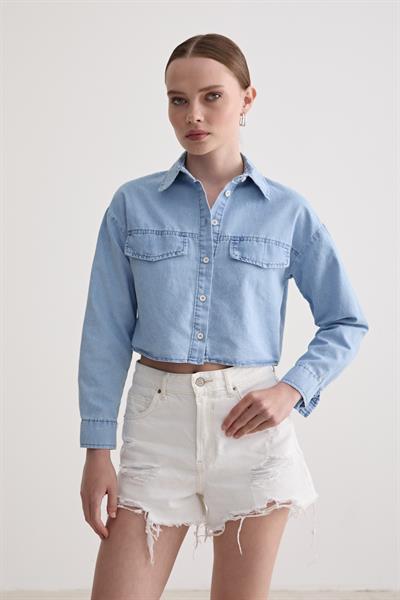 Düğme Detaylı Kot Gömlek BUZ MAVİ