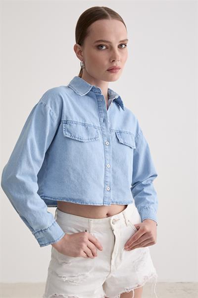 Düğme Detaylı Kot Gömlek BUZ MAVİ
