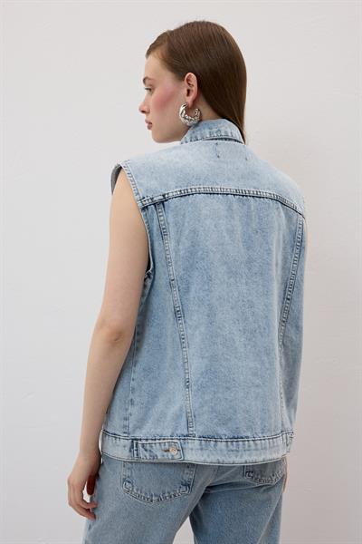 Düğme Detaylı Kot Yelek KAR YIKAMA