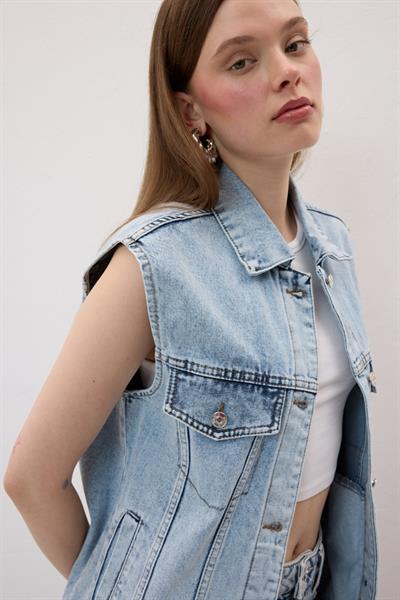 Düğme Detaylı Kot Yelek KAR YIKAMA