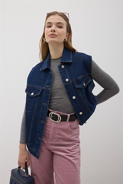 Düğme Detaylı Kot Yelek RİNS YIKAMA