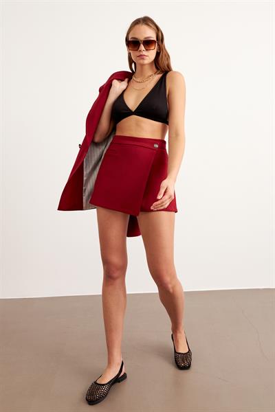Düğme Detaylı Yandan Fermuarlı Şort BORDO