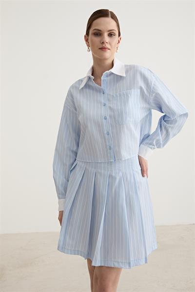 Fermuar Detaylı Tek Çizgili Kısa Etek MAVİ