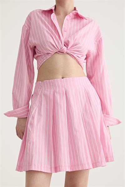 Fermuar Detaylı Tek Çizgili Kısa Etek PEMBE