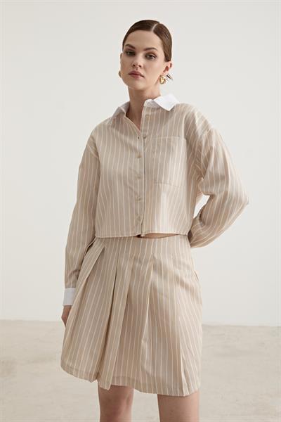 Fermuar Detaylı Tek Çizgili Kısa Etek TAŞ