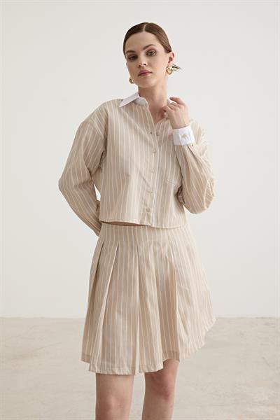 Fermuar Detaylı Tek Çizgili Kısa Etek TAŞ