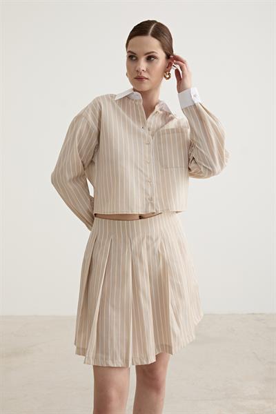 Fermuar Detaylı Tek Çizgili Kısa Etek TAŞ