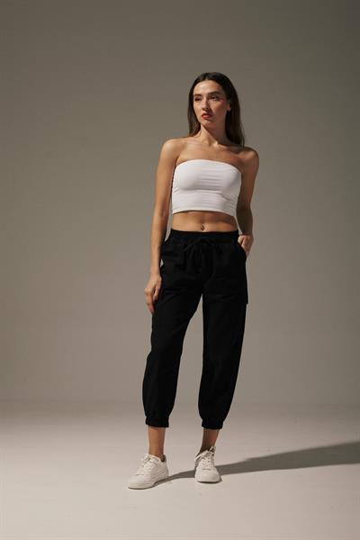 Gabardin Beli Lastik Kadın Pantalon SİYAH
