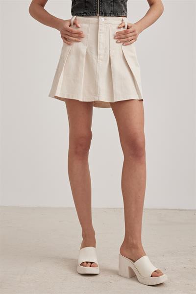 Gabardin Kot Pileli Kısa Etek TAŞ