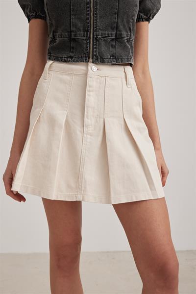 Gabardin Kot Pileli Kısa Etek TAŞ