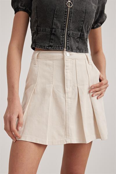 Gabardin Kot Pileli Kısa Etek TAŞ