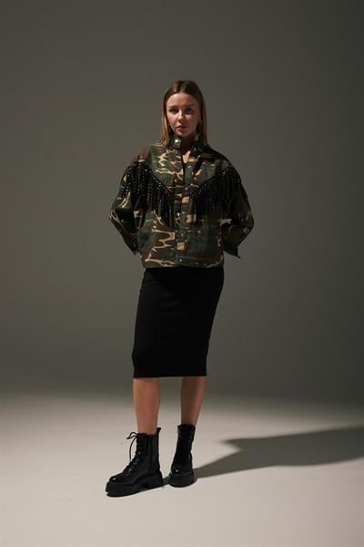 Gabardin Yıldız Püsküllü Kamuflaj Desen Kadın Ceket KAMUFLAJ