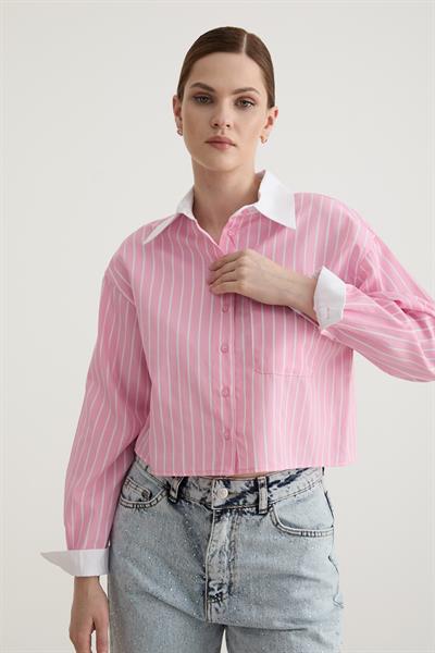 Garni Detaylı Tek Çizgili Crop Gömlek PEMBE