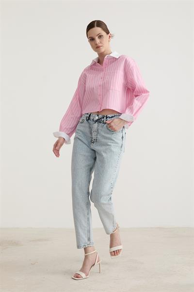 Garni Detaylı Tek Çizgili Crop Gömlek PEMBE