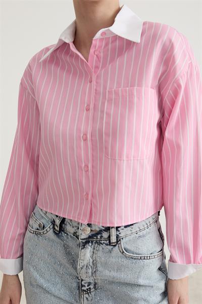 Garni Detaylı Tek Çizgili Crop Gömlek PEMBE