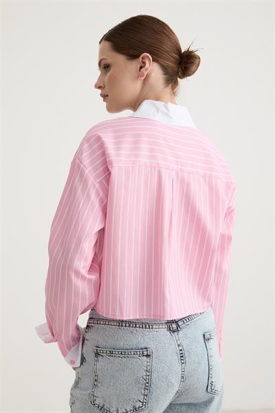 Garni Detaylı Tek Çizgili Crop Gömlek PEMBE