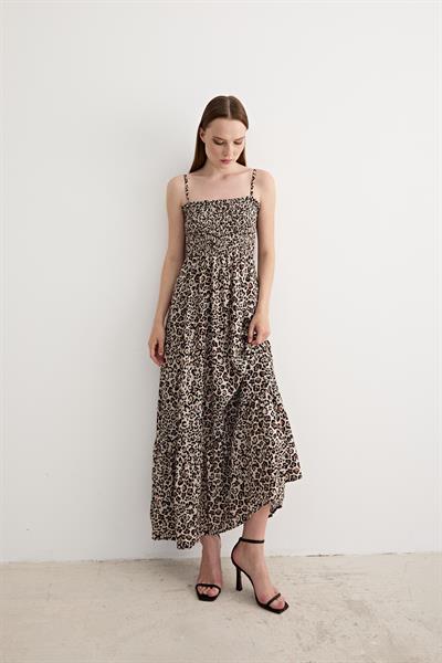 Gipeli Leopar Desenli Askılı Uzun Elbise LEOPAR DESENLİ