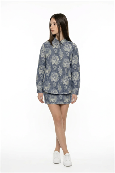 Gül Desenli Oversize Gömlek BLUE
