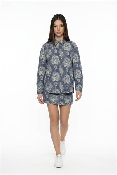 Gül Desenli Oversize Gömlek BLUE