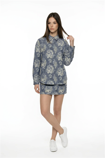 Gül Desenli Oversize Gömlek BLUE