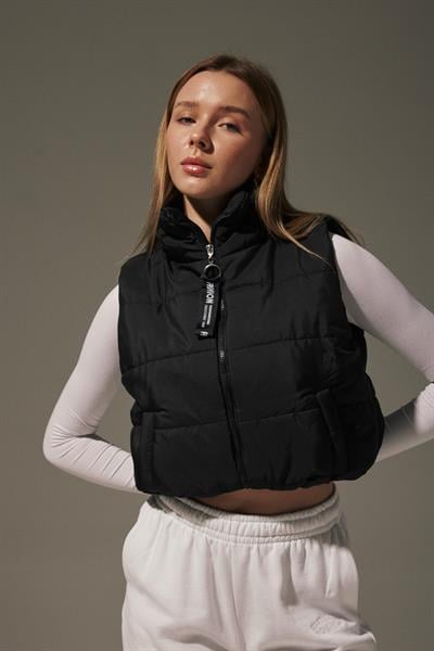 Hakim Yaka Beli Lastikli Kapitone Kadın Yelek SİYAH