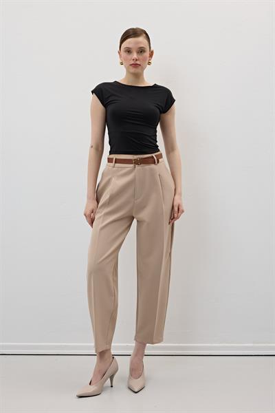 Hürrem Kumaş Beli Kemerli Kumaş Pantolon AÇIK KAHVE