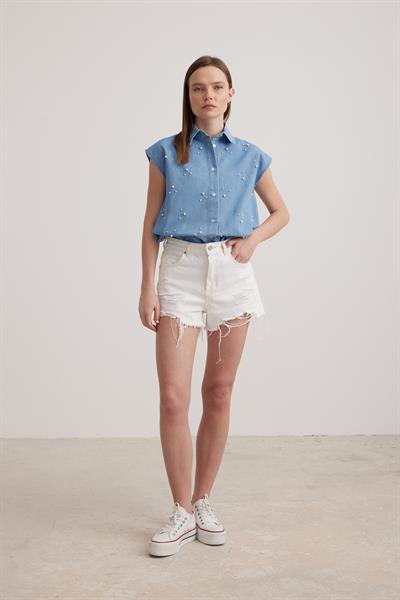 İnci Detay Sıfır Kol Kadın Gömlek BUZ MAVİ