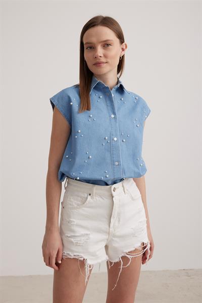 İnci Detay Sıfır Kol Kadın Gömlek BUZ MAVİ