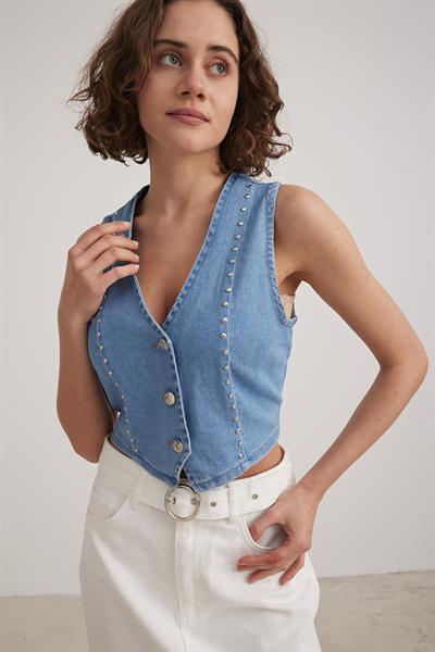 İnci Detaylı Kot Yelek BLUE