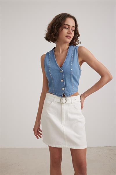 İnci Detaylı Kot Yelek BLUE