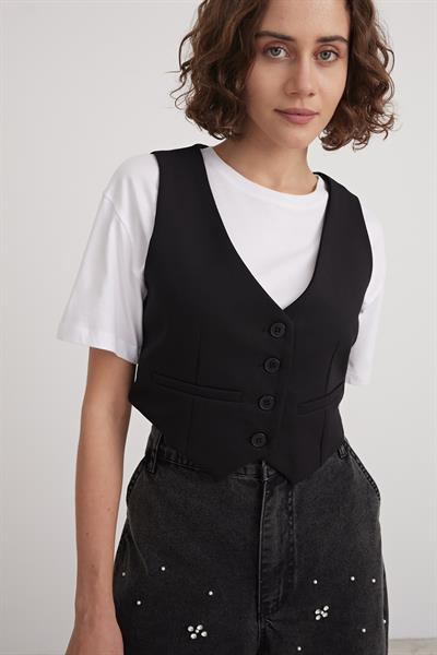 Kadın Astarlı V Yaka Yelek SİYAH