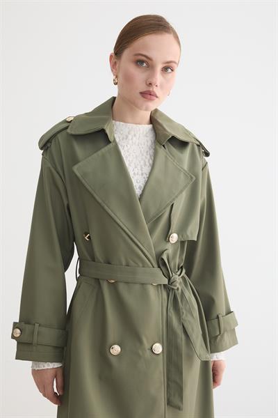 Kadın Bağlamalı Uzun Trençkot HAKİ