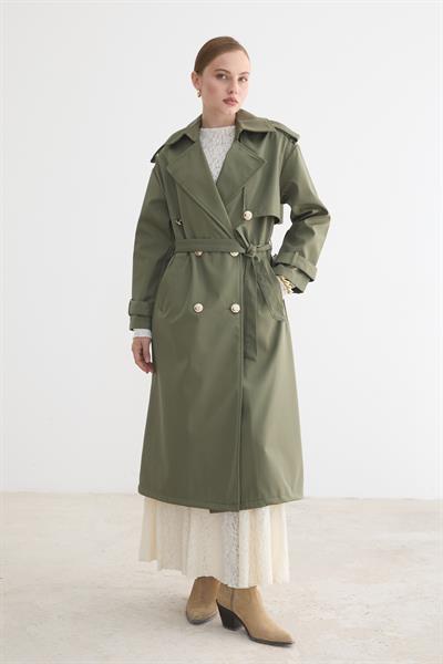 Kadın Bağlamalı Uzun Trençkot HAKİ