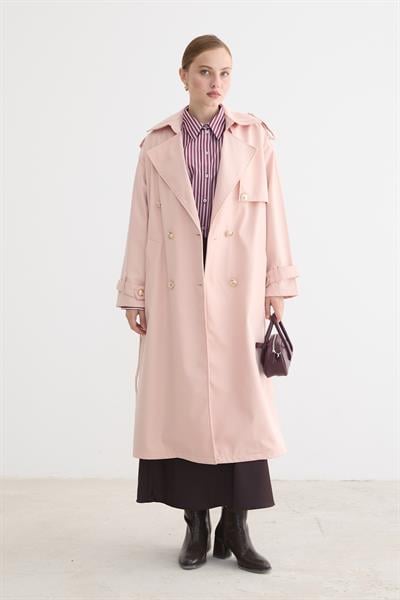 Kadın Bağlamalı Uzun Trençkot PUDRA