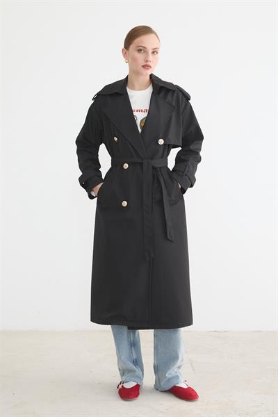 Kadın Bağlamalı Uzun Trençkot SİYAH