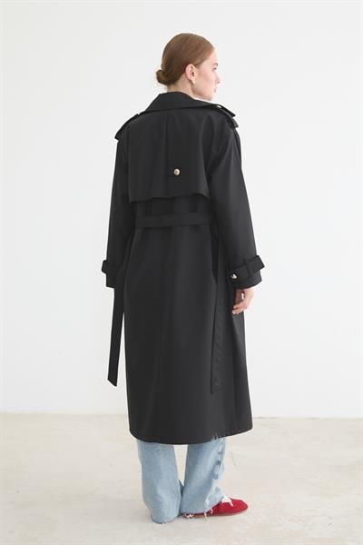 Kadın Bağlamalı Uzun Trençkot SİYAH