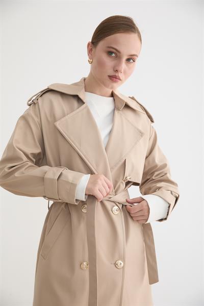 Kadın Bağlamalı Uzun Trençkot TAŞ