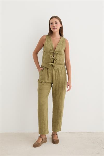 Kadın Beli Kordon Detaylı Desenli Kapitone Pantolon HAKİ