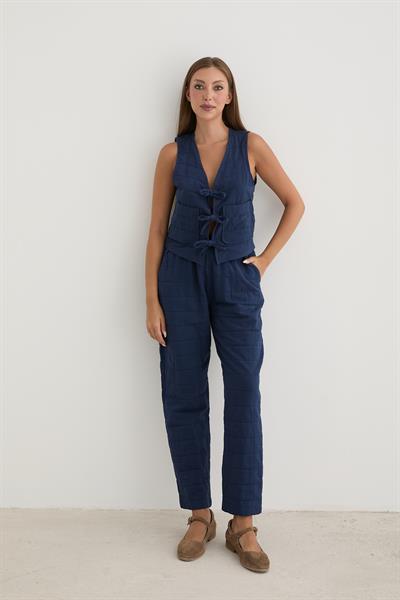 Kadın Beli Kordon Detaylı Desenli Kapitone Pantolon LACİVERT