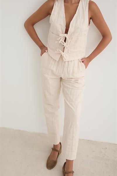 Kadın Beli Kordon Detaylı Desenli Kapitone Pantolon TAŞ