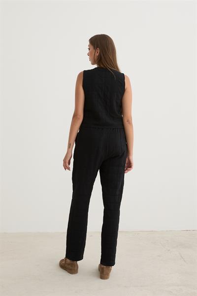 Kadın Beli Kordon Detaylı Desenli Kapitone Pantolon SİYAH