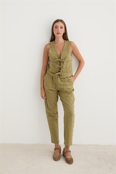 Kadın Beli Kordon Detaylı Desenli Kapitone Pantolon HAKİ