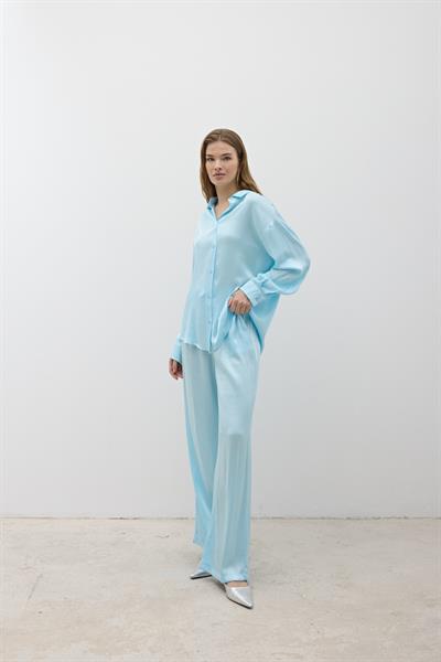 Kadın Beli Lastikli Saten Pantolon BEBE MAVİ