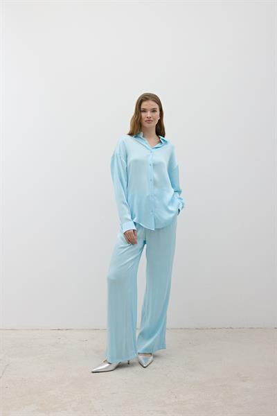 Kadın Beli Lastikli Saten Pantolon BEBE MAVİ