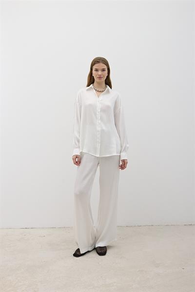 Kadın Beli Lastikli Saten Pantolon EKRU