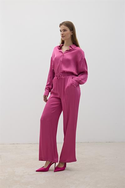 Kadın Beli Lastikli Saten Pantolon KOYU PEMBE