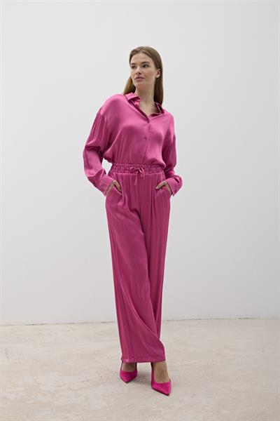 Kadın Beli Lastikli Saten Pantolon KOYU PEMBE