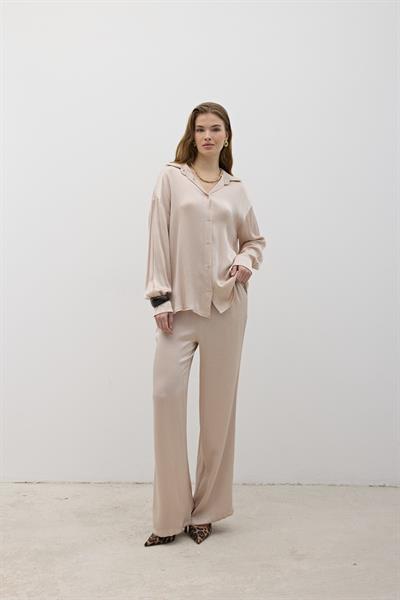 Kadın Beli Lastikli Saten Pantolon TAŞ
